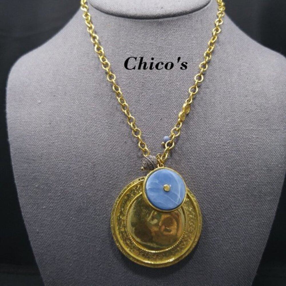 Chico's Gold Medallion & Blue Lucite Pendant & Charm Necklace, 21 Inch Chain